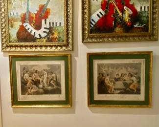 Oil on canvas music theme art (2) antique French prints (2)