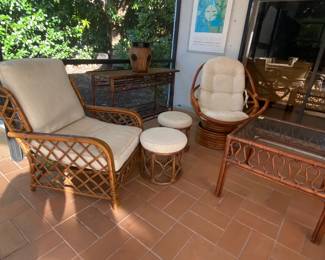 Fricks Reed armchair, pair of rattan stools , swivel rattan armchair, rattan side table 