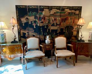 Pair of hand painted lamps , pair of monkey lamps , pair of antique armchairs , small antique table , 6 panel Asian screen , pair of antique bombé marble top chest of drawers 