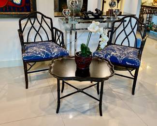 Bernhardt tray table chinoiserie, pair of bamboo armchairs 