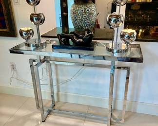 Chrome console table , pair of chrome lamps 
