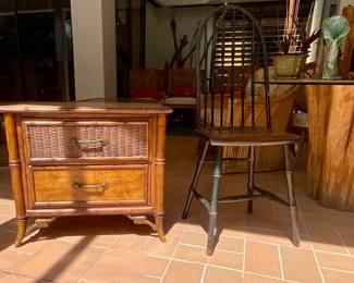 Baker wicker bamboo nightstand, colonial antique chair 