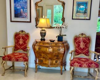 Antique mirror , Italian armchairs , cloisonné lamp , coastal art 