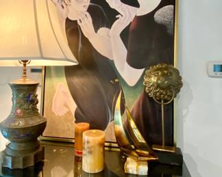 Great art lithography, cloisonné lamp , bronce sailboat , bronze lion head, Asian cabinet 