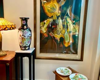 Art by Rondon , Asian vase , stand w marble top, small table , decorative plates 