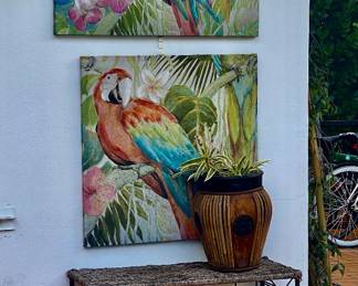 Parrot art , metal wicker console , plant wood Asian vase 