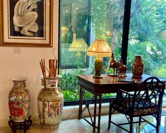 Large floor Asian vases (2), bamboo armchair, antique lamp , desk and decor 