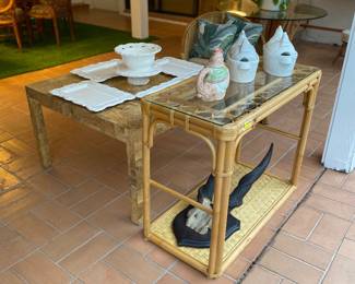 Rattan console , ceramic pieces , horns decor 