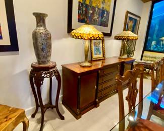 Asian stand , large vase , buffet table , pair of lamps , art by Cundo Bermúdez 