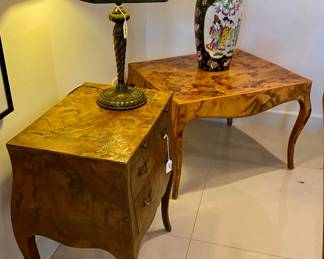 Burlwood chest of drawers small , side Burlwood table , antique glass and bronze table lamp , Asian vase 