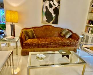 High end custom sofá large , Italian side and coffee table, chrome lamp , white leather bench 