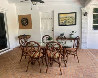 Dining table w 6 chairs , console table , wicker tray table , rattan console , art 