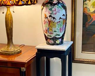 Large Asian vase , marble top stand 