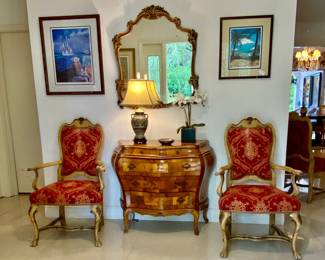 Bombé italian  burlwood , mirror , lamp , chairs , art 