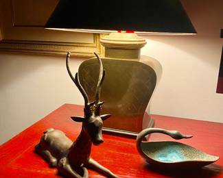 Bronce lamp w black shade , bronze deer , bronze swan tray signed 