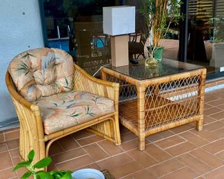 Armchair, side wicker table , lamps (2) 