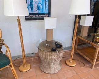 Bamboo floor lamps , round glass top wicker table 