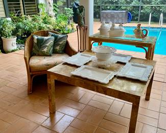 6 piece white ceramic serving set , CB2 table , pensil Reed armchair , rattan console , white ceramic chicken serving pieces 