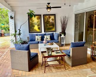 5 piece weather proof outdoor set , bamboo coffee table , white wicker coffee table , tropical art , 