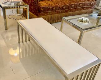 White leather chrome base bench , Italian made side table and coffee table 