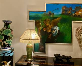 Antique lamp , large oil on canvas art by Cuban artist 