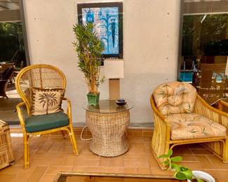 Rattan peacock armchair, round wicker side table w glass top , pensil Reed armchair 