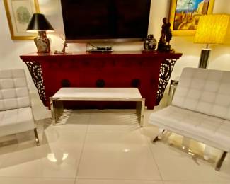 Barcelona chairs (2) white leather and chrome bench , lamps and art 