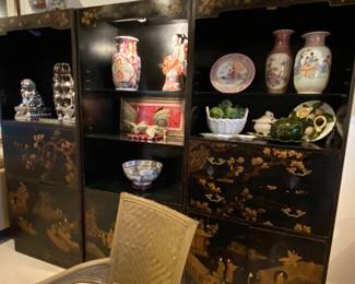 3 piece Asian cabinet with light and  much storage chinoiserie , many decorative  pieces 