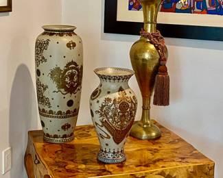 Burlwood side table , large glass vases (2) , large bronze vase 