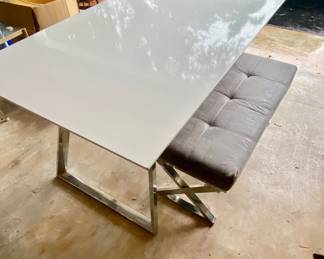 White dining table w matching bench all w chrome base 