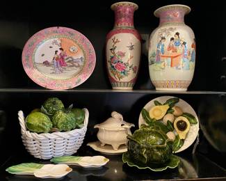 Asian plate , 2 vases avocado plate , cabbage w plate 