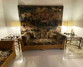 Large 6 panel Asian screen , pair of large glass lamps , pair of bamboo Chippendale side tables w beveled glass top and bronze detail 