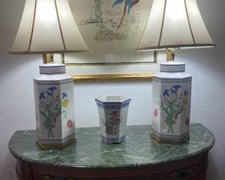 Hand painted pair of lamps , floral vase , marble top antique commode , Salvador Dali print 