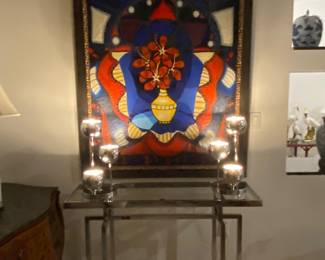 Large Cuban art , mcm pair of lamps , chrome console 