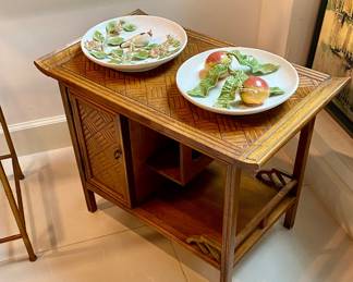 Pagoda wood side table , decorative plates signed 