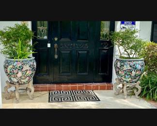 Pair of large Asian plant pots w stands 