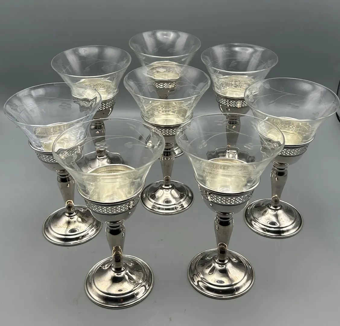 001 Set of 8 Antique Sterling Silver and Etched Glass Cocktail Glasses