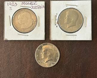 Three Silver Half Dollars 1923S Monroe Doctrine, 1972D Kennedy, and 1976D Kennedy Bicentennial