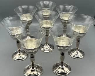 001 Set of 8 Antique Sterling Silver and Etched Glass Cocktail Glasses