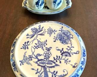 Blue  White China Collection Delft Salt  Pepper with tray and Antique Tea Trivet by Royal Bonn