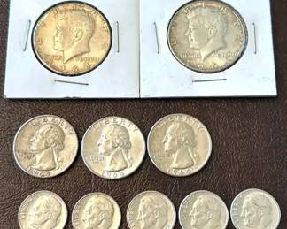 Lot of 1964 Coins 2 Kennedy Half Dollars, 3 Quarters and 5 Dimes