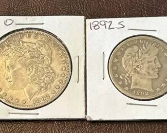1882O Morgan Silver Dollar and 1892S Barber Half Dollar
