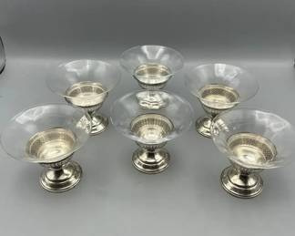 Set of 6 Antique Sterling Silver and Etched Glass Dessert Cups