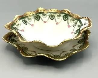 Circa 1900 Porcelain Sauce Boat and Drip Plate from maker Moritz Zdekauer of Austria