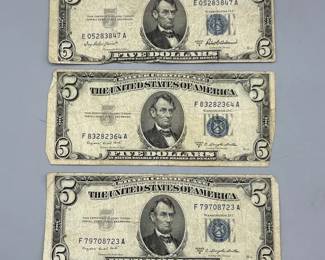 a$5 Dollar Bills Blue and Red Seals 1934, 1953 Series A  B, 1963