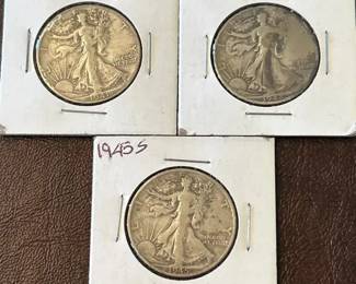 Lot of 3 Walking Liberty Half Dollars, 1941D, 1942D and 1945S
