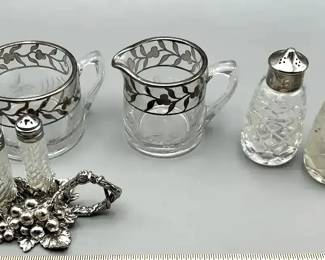 Collection of Waterford  Arthur Court SP shakers and Crystal and Silver Plate Cream  Sugar set