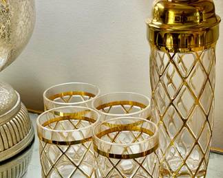 Vintage Altuzarra Lattice Barware Set 18K Gold Cocktail Shaker and 4 Glasses Ca: 1990s
