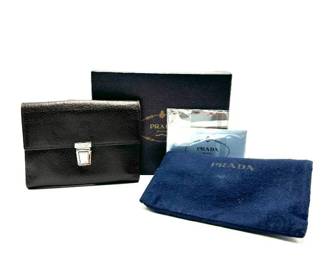 Prada Black Leather Compact Wallet + Box