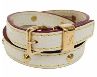 Louis Vuitton White Leather Studded Double Wrap Bracelet + Box